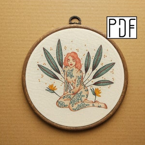 Digital PDF pattern - Girl with Rose Tattoos and Bird of Paradise Flower Hand Embroidery Pattern (PDF modern hand embroidery pattern)