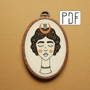 Digital PDF pattern Constellation Girl with Crescent Moon and Eye details Hand Embroidery Pattern PDF modern embroidery pattern image 1