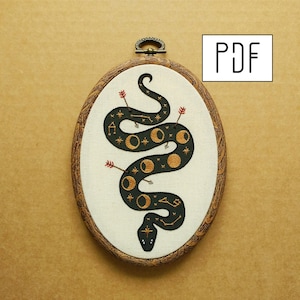 Digital PDF - Moon Phases Constellation Snake Hand Embroidery Pattern (Digital Download)