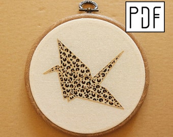 Digital PDF pattern - Origami Paper Crane with Leopard Print Hand Embroidery Pattern (PDF modern hand embroidery pattern)