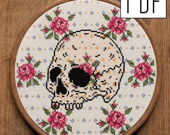 Digital PDF - Flower Skull Cross Stitch Pattern, printable pattern, instant download, spooky cross stitch design