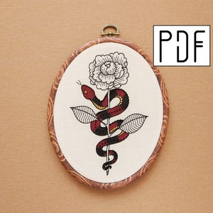 Digital PDF pattern - Tattoo Flower Snake Hand Embroidery Pattern (PDF modern hand embroidery pattern)