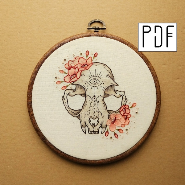 Digital PDF pattern - Flower Cat Skull with eye detail Hand Embroidery Pattern (PDF modern hand embroidery pattern)