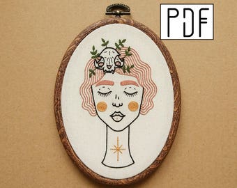 Digital PDF pattern - Pink Haired Girl with a Cat Skull Hair Clip and Star details Hand Embroidery Pattern (PDF modern embroidery pattern)