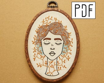 Digital PDF pattern - Nature Girl with Ombre Hair in Blue and floral details Hand Embroidery Pattern (PDF modern hand embroidery pattern)