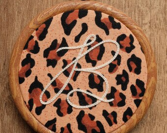 MINI - CUSTOM INITIAL letter Hand Embroidery Hoop Art, personalized monogram hand embroidery, leopard print fabric
