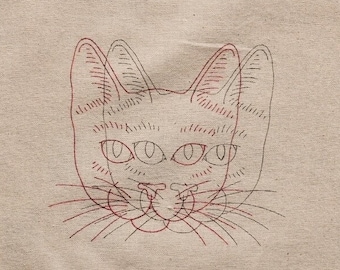 FABRIC - pre Hand-Drawn 3D Cat Embroidery Pattern Fabric: Unbleached Cotton Square - 150 g/m2, cat lover gift