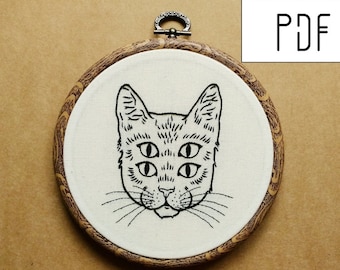 Digital PDF pattern - Four Eyed Cat Hand Embroidery Pattern (PDF modern embroidery pattern)