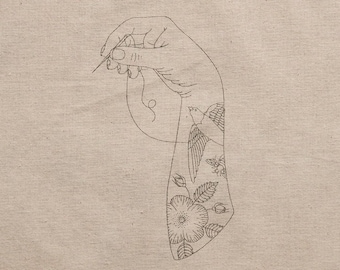 FABRIC - pre Hand-Drawn Tattoo Arm Embroidery Pattern Fabric: Unbleached Cotton Square - 150 g/m2