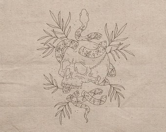 FABRIC - pre Hand-Drawn Snake & Skull Embroidery Pattern Fabric: Unbleached Cotton Square - 150 g/m2