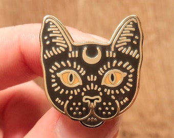 Gold Crescent Moon Black Cat Hard Enamel Pin