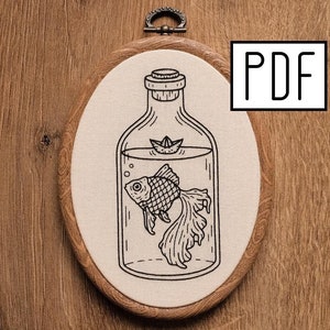 Könnte beinhalten: Ein ovaler Stickrahmen mit einer Schwarz-Weiß-Illustration eines Goldfisches in einer Flasche mit einem Papierboot. Der Rahmen hat einen Holzrahmen und einen Metallbügel. Der Text "PDF" befindet sich in der oberen rechten Ecke.