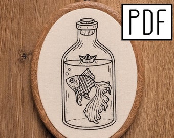 Digital PDF pattern -  Goldfish in a Bottle with Paper Boat Hand Embroidery Pattern (PDF pattern -  modern embroidery pattern)