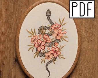 Digital PDF - Flower Snake Hand Embroidery Pattern (Digital Download), floral serpent embroidery design, printable pattern PDF