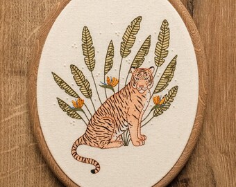 Tiger Hand Embroidery Hoop Art: Modern Wall Decor, botanical embroidery design