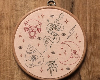 Tattoo Flash Sheet Hand Embroidery Hoop Art (modern hand embroidery wall hanging)