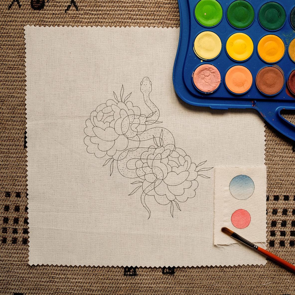 FABRIC - Pre Hand-drawn Flower Snake Embroidery Pattern Fabric ...