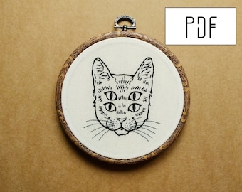 Digital PDF pattern - Four Eyed Cat Hand Embroidery Pattern (PDF modern embroidery pattern)
