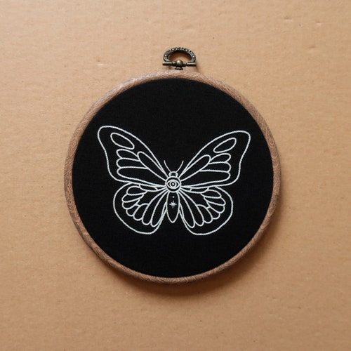 Moth Butterfly with eye and star details Hand Embroidery Hoop Art - flow in the dark floss (modern hand embroidery wall hanging)