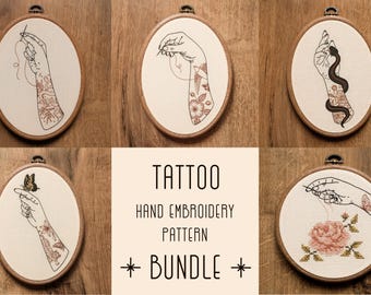Tattoo Hand Embroidery Pattern BUNDLE (Digital Download) - printable PDF embroidery pattern