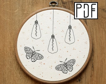 Digital PDF pattern - Light Bulbs and Moths Hand Embroidery Pattern (PDF modern hand embroidery pattern)