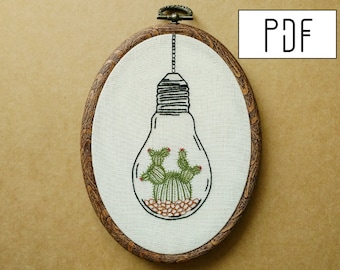 Digital PDF pattern - Cactus in a Light Bulb Terrarium Hand Embroidery Pattern (cactus embroidery pattern) (modern embroidery pattern)