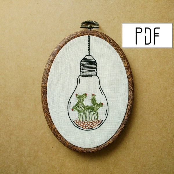 Digital PDF pattern - Cactus in a Light Bulb Terrarium Hand Embroidery Pattern (cactus embroidery pattern) (modern embroidery pattern)