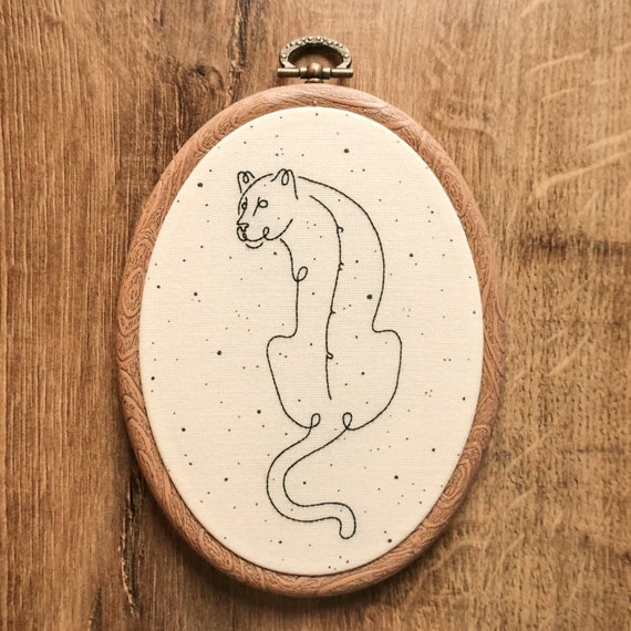 Black Embroidery Floss Line Panther Hand Embroidery Hoop Art modern Hand  Embroidery Wall Hanging 