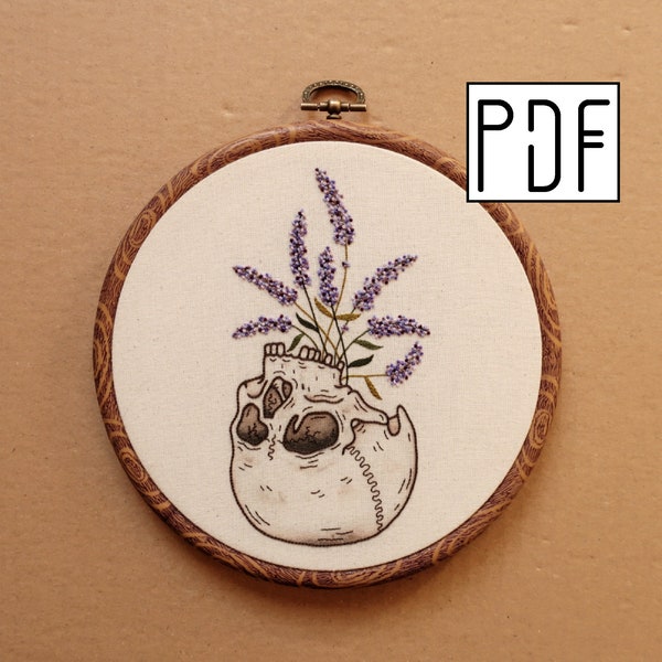 Digital PDF pattern - Lavender Skull Planter Hand Embroidery Pattern (PDF modern hand embroidery pattern)