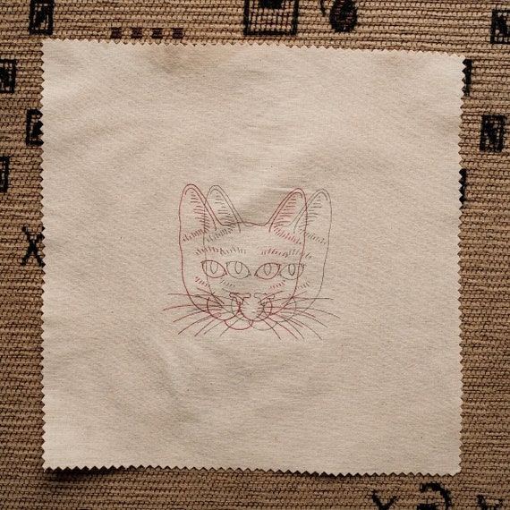FABRIC - pre Hand-Drawn 3D Cat Embroidery Pattern Fabric: Unbleached Cotton Square - 150 g/m2, cat lover gift