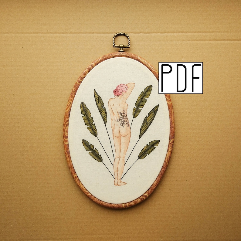Digital PDF pattern Girl with Peony Tattoo Hand Embroidery Pattern PDF modern hand embroidery pattern afbeelding 1