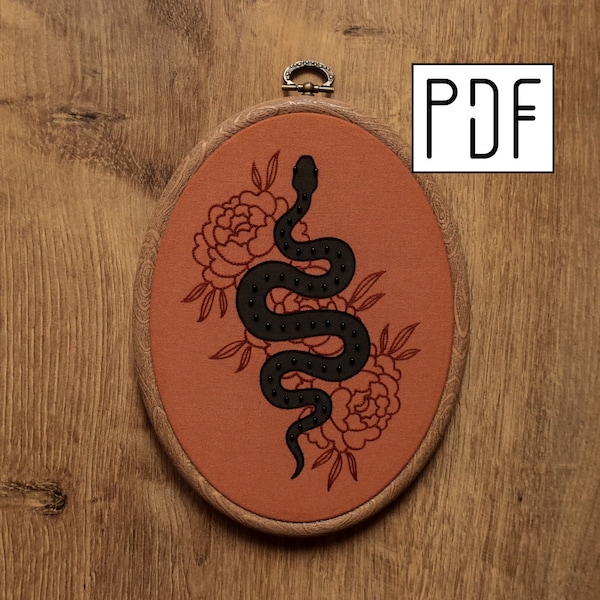 Digital PDF pattern - Flower Black Snake Hand Embroidery Pattern (PDF modern hand embroidery pattern)