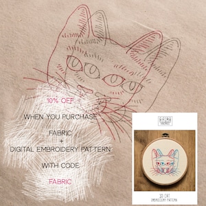 May include: A digital embroidery pattern of a 3D cat with red and blue details. The pattern is available for purchase with a 10% discount when you buy fabric.