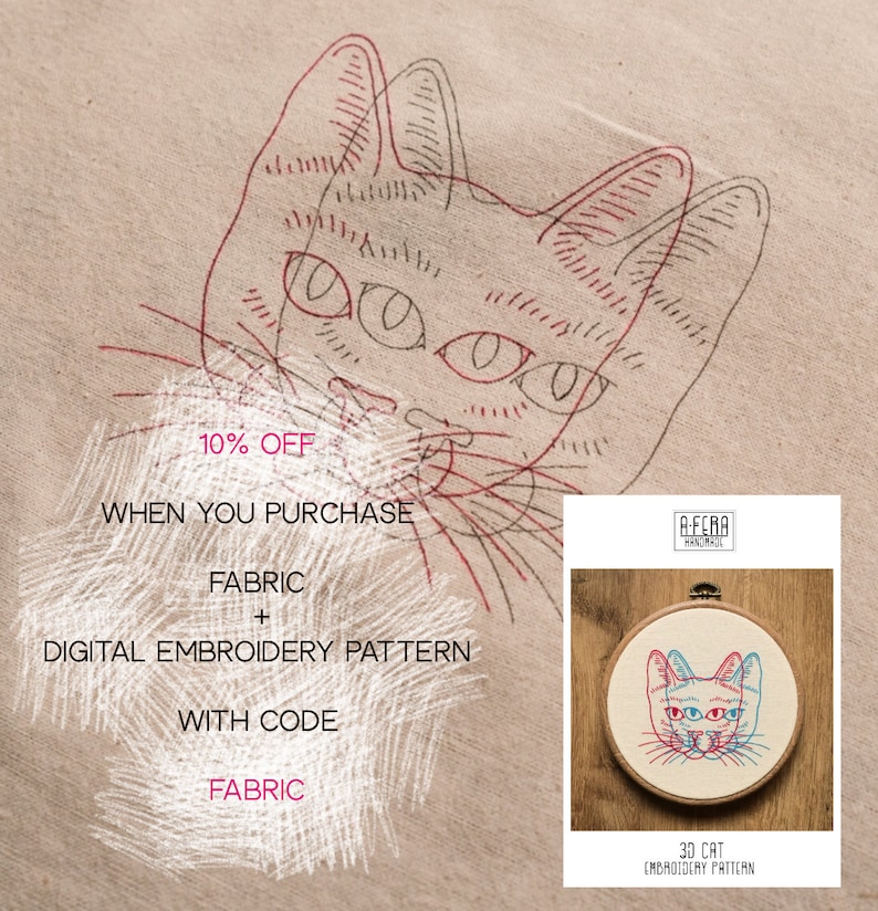 May include: A digital embroidery pattern of a 3D cat with red and blue details. The pattern is available for purchase with a 10% discount when you buy fabric.