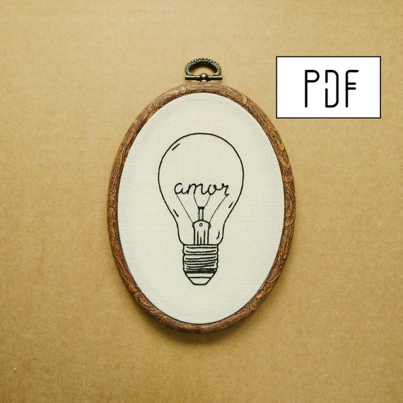 Digital PDF - Amor Light Bulb Hand Embroidery Pattern (Digital Download), minimalist embroidery design, printable pattern PDF
