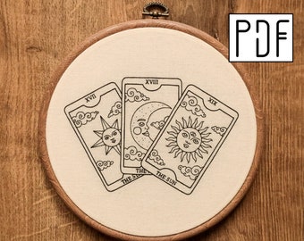 Digital PDF - Tarot Cards Hand Embroidery Pattern: Sun, Moon, Star (Digital Download), celestial embroidery design, printable pattern PDF