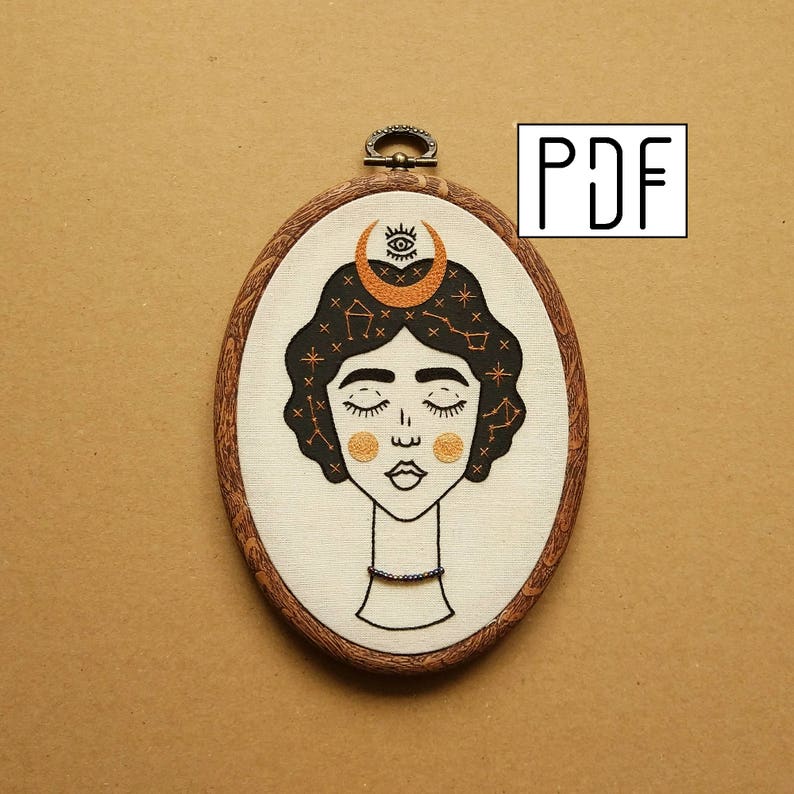 Digital PDF pattern Constellation Girl with Crescent Moon and Eye details Hand Embroidery Pattern PDF modern embroidery pattern image 1