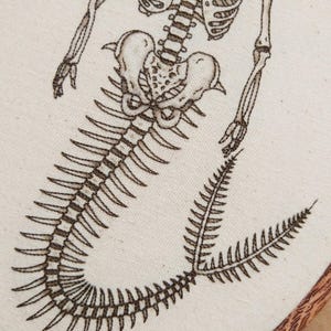 Puede incluir: Un bordado detallado sobre tela color hueso que muestra la estructura esquel&eacute;tica de una sirena. El dise&ntilde;o presenta una caja tor&aacute;cica y pelvis humana que transicionan hacia una larga cola de pez curva hecha con finas puntadas marrones.