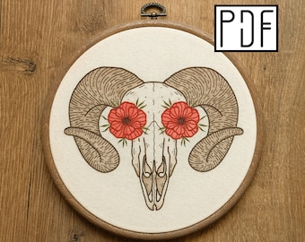 Digital PDF - Flower Sheep Skull Hand Embroidery Pattern (Digital Download), floral embroidery design, printable pattern PDF