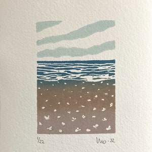 Small Original Linocut, Sea Landscape, Beach Print, Lino Print, Minimalist Blockprint, Tiny Wall Art, Moosart, Ocean Art Gift, Abstract Gift