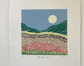 Linocut Print, Minimalist Landscape, Original Lino Print, Small Abstract Print, Block Print Art, Mountain Landscape, Wanderlust Art, Moosart