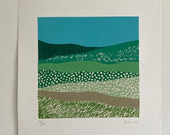 Linocut Landscape, Abstract Linocut, Nature Lino, Green Art Print, Block Print Art, Lino Print, Modern Print, Landscape Gift, Abstract Print