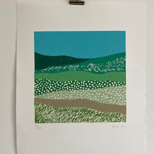 Linoryt krajobraz, abstrakcyjny linoryt, natura Lino, zielony druk artystyczny, blok druku sztuki, Lino Print, nowoczesny druk, prezent krajobrazowy, druk abstrakcyjny