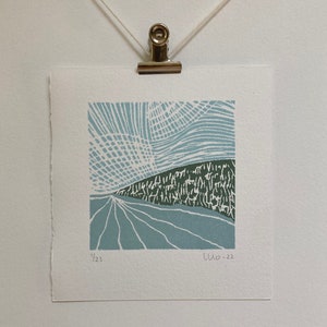 Small Linocut Landscape, Abstract Nature Lino, Blue Art Print, Block Print Art, Original Lino Print, Cloudy Sky Print, Minimalist Print Art