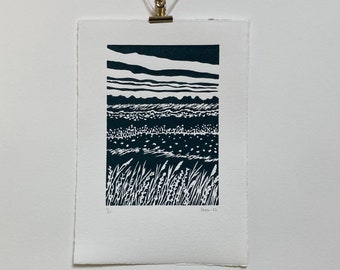 Original Linocut, Block Print, Blue Lino Print, Art Gift, Minimalist Art, Cloudy Sky, Horizon Landscape, Moosart, Decor Wall Art, Fields Art