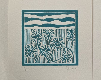 Small Linocut, Blue Landscape, Abstract Field, Original Lino Print, Flower Field, Botanical Print, Block Print Wall Art, Minimalist Art Gift