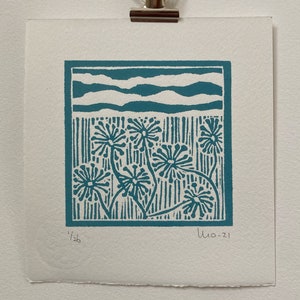 Small Linocut, Blue Landscape, Abstract Field, Original Lino Print, Flower Field, Botanical Print, Block Print Wall Art, Minimalist Art Gift