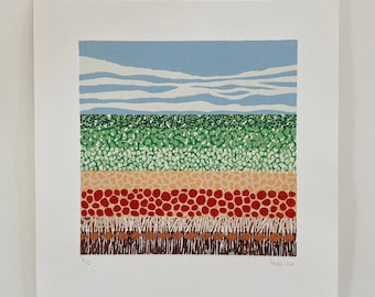 Linocut Landscape, Minimalist Art Print, Flower Field, Summer Print, Abstract Linoprint Art, Wall Art Gift, Block Print, Home Decor, Moosart