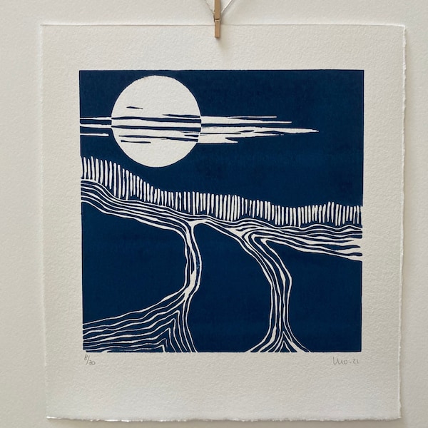 Blue Linocut, Original Landscape Print, Moon Art, Night Lino Print, Blockprint Art, Limited Edition, Art Gift, Moosart, Fine Art Print, 8x 8