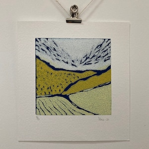 Linocut, Abstract Minimalist Print, Lino Print Art, Landscape Print, Mountain Print, Yellow Blue Art, Small Blockprint Art, Small Art Gift